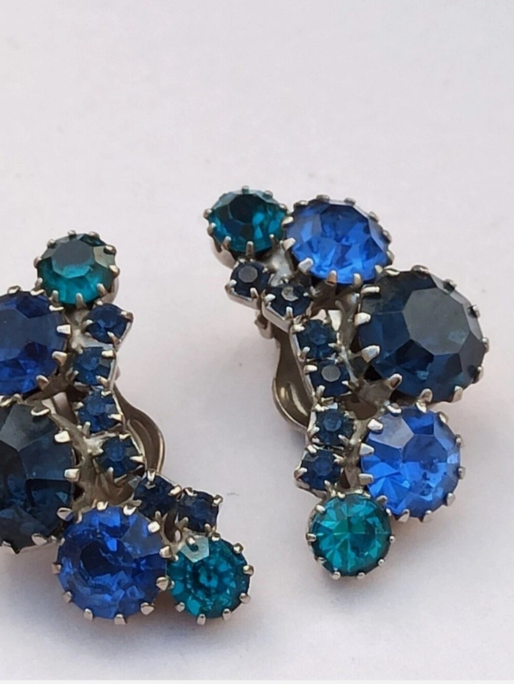 WEISS Vintage Clip On Earrings Shades of Blue Rhinestone Graduated Crescent